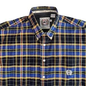 Cinch Dress Shirt Men's MEDIUM Black Blue Yellow Plaid‎ Western Long Sleeve